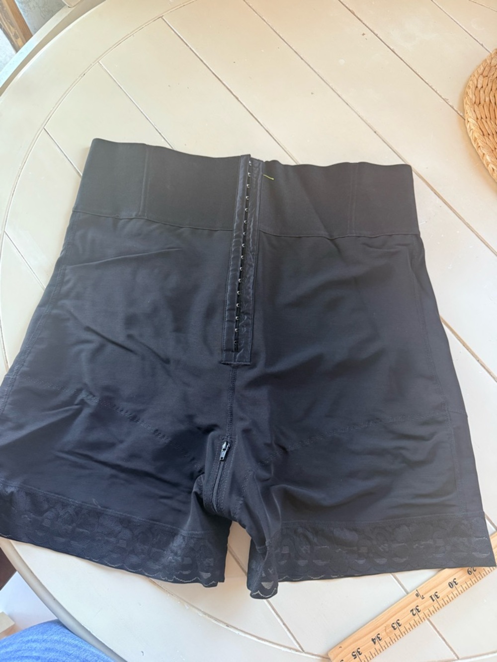 High-Waist Black Shaping Shorts with Lace Trim